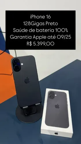  iPhone 16 / 128GB / Preto / Saúde de bateria 100% / Garantia Apple até 09-25 / R$ 5.399,0