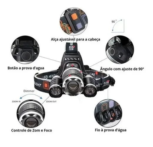 Lanterna Cabeça (601108) Triplo T6 3 Led Cree Profissional wpp.43. *