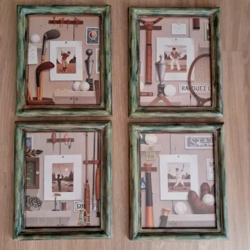 Conjunto 4 Quadros Decorativos com Temas Esportivos - Golfe, Beisebol, Tênis e Pesca