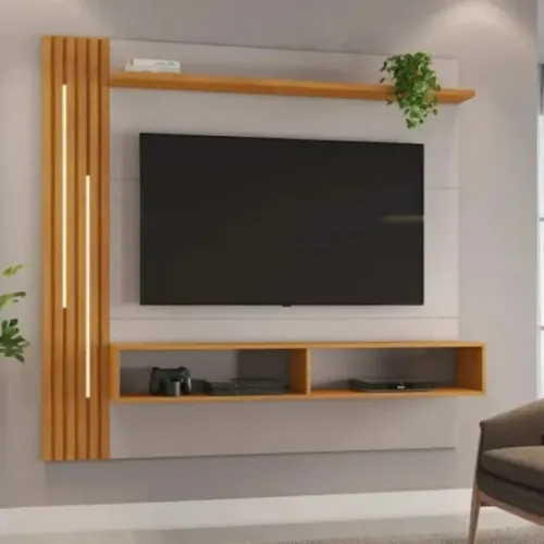 "Seu Ambiente Mais Charmoso: Painel para TV Agrado com Iluminação LED e Detalhes Ripados"