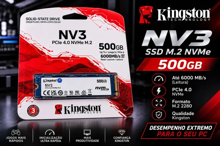 SSD Kingston NV3 500GB NVMe M.2 PCIe 4.0 - NOVO E LACRADO<br>