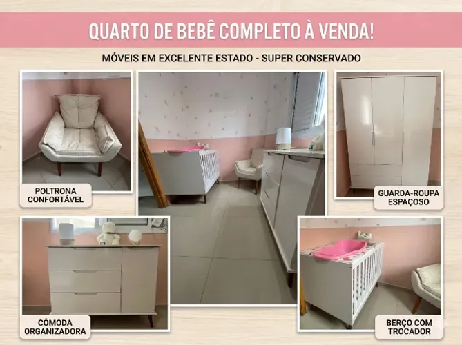 Conjunto Completo Quarto Infantil - Berço + Guarda Roupa + Cômoda + Poltrona