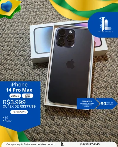 IPHONE 14 PRO MAX, 5G, 256GB, CHIP ESIM, ROXO, SEMINOVO , EXCLUSIVO!