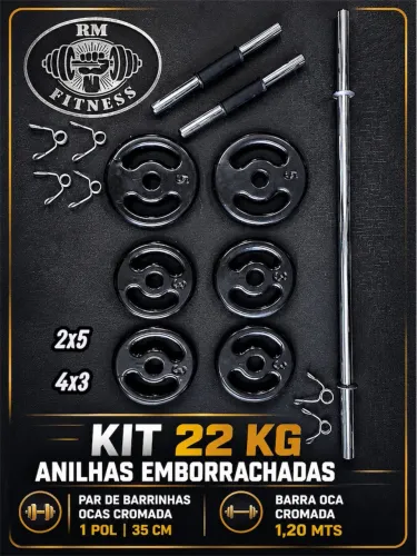 Kit 22 kg anilhas emborrachadas com par de barrinhas ocas e barra oca 1,20 mts  