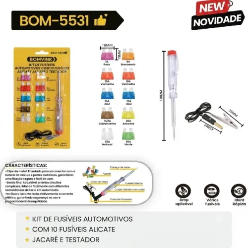Kit Fusíveis Automotivos BOMVINK BOM-5531 Com Testador Corrente e Garra Jacaré pode retira