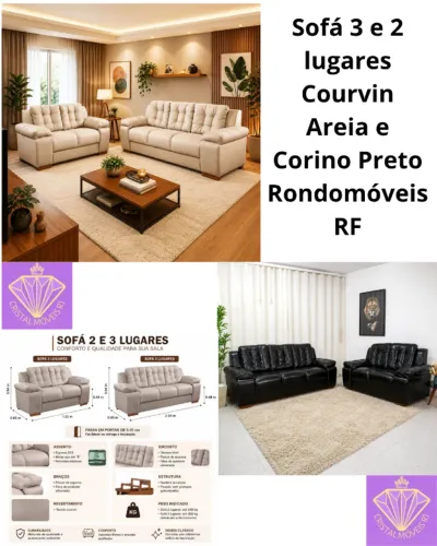 Sofá 3 e 2 lugares Courvin Areia e Corino Preto Rondomóveis