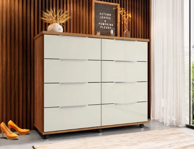 Cômoda Premium Gaveteira - 8 Gavetas corrediças telescópicas + Tampo em MDF - Cedro/arei