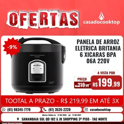PANELA DE ARROZ ELETRICA BRITANIA 6 XICARAS BPA06A 220V 066402157