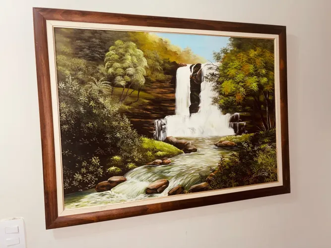 Quadro Pintura a Óleo sobre Tela - Paisagem com Cascata (1,15 m x 81 cm)