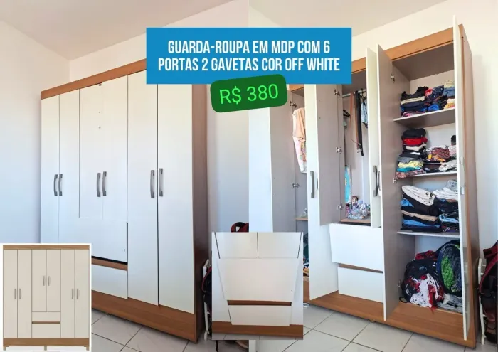 Guarda-roupa em MDF com 6 portas 2 gavetas cor Off-White 