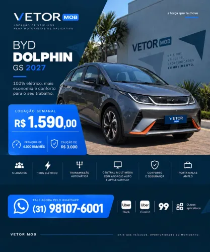 Alugue BYD Dolphin GS 2027 0 KM - Elegível Uber Black - Locação R$ 1.590/semana