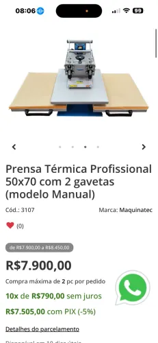Prensa Termica  manual  70x50 - Dois Carrinhos