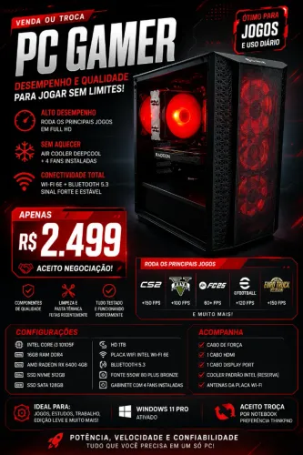 PC Gamer i3 10105F + RX 6400 4GB + 16GB RAM + SSD NVMe | Aceito troca por notebook