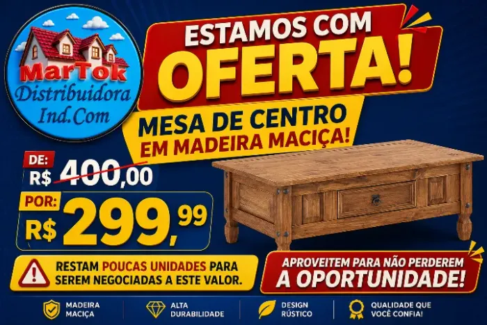  MESA DE CENTRO EM MADEIRA MACIÇA - ELEGÂNCIA E DURABILIDADE!