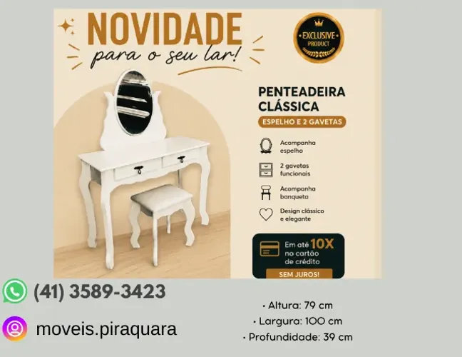 Penteadeira Clássica com Espelho, 2 Gavetas e Banqueta