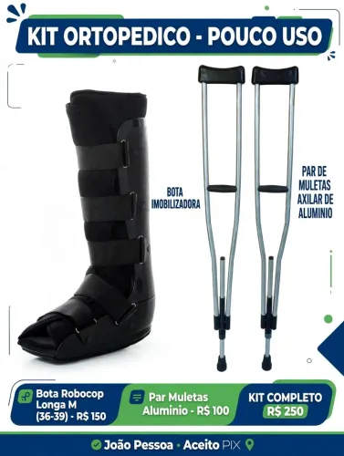 Kit Ortopédico Bota Robocop Longa M + Par Muletas Alumínio