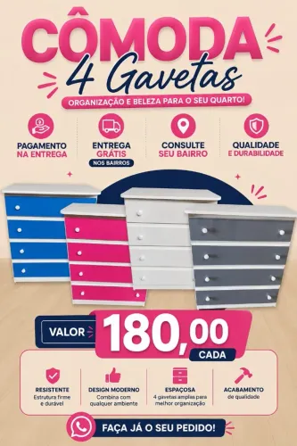 Cômoda em MDF 4 gavetas 180$ entrega gratis
