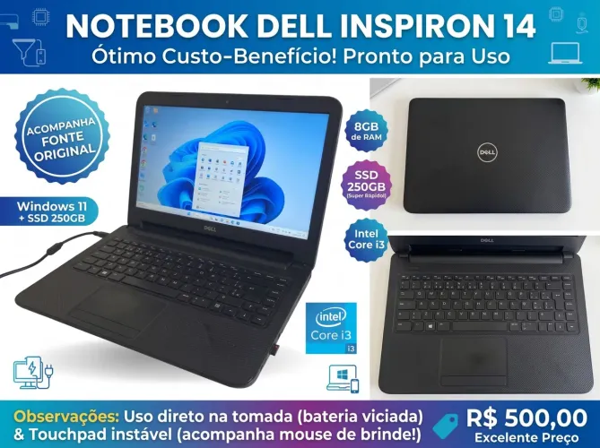Notebook Dell Inspiron 14 i3 | 8GB RAM | SSD 250GB | Windows 11 - R$ 500,00