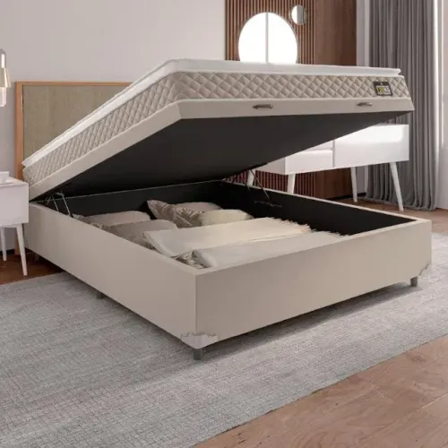 Colchão Casal Molas Ensacadas + Cama Box Baú na cor Creme