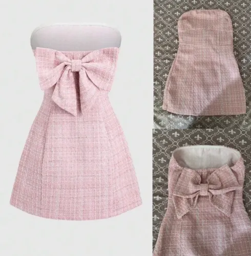 Vestido tubinho rosa tweed com laço nas costas tomara que caia sem manga (14 anos)