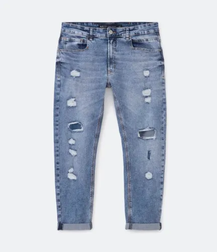 CALÇA JEANS SKINNY COM RASGOS, PUÍDOS E BARRA DOBRADA - TAM. 36