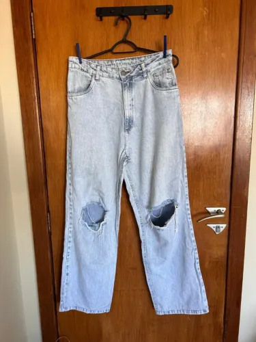 Calça Jeans Wide Leg Destroyed Azul Claro - Tam. 38