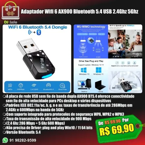 Adaptador Wifi 6 AX900 Bluetooth 5.4 USB 2.4Ghz 5Ghz