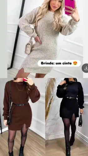 Vestido em lã fio mousse preto ou areia. Veste m