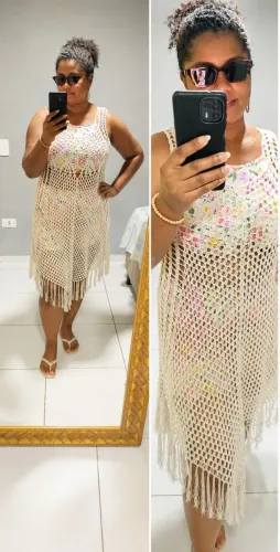 Vestido Saída de Praia Crochê Artesanal Off White Tam Único
