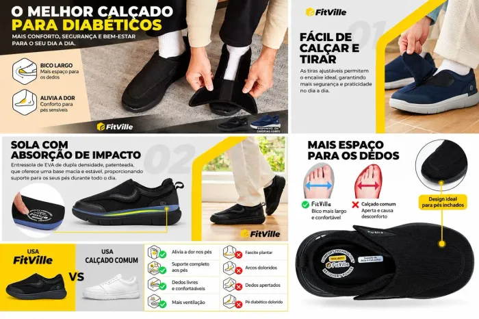 Tenis para Diabeticos idosos FitVille EasyTop Wings V2 Preto Nº 38