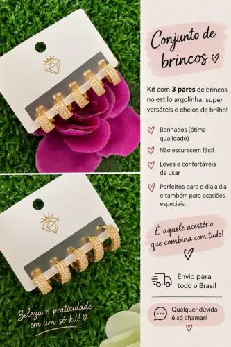TRIO DE BRINCOS ARGOLA CRAVEJADA BANHADO A OURO 18k