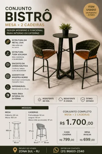Conjunto bistrô com 2 cadeiras + mesa