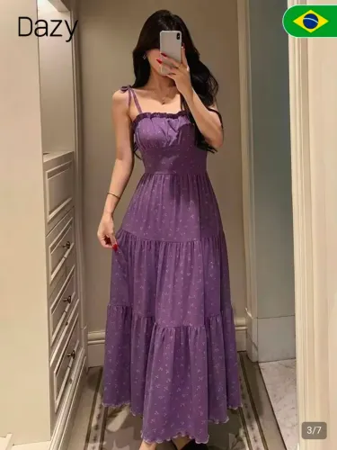 Vestido Com Alças Finas Estilo Férias Com Estampa Floral TAM PP