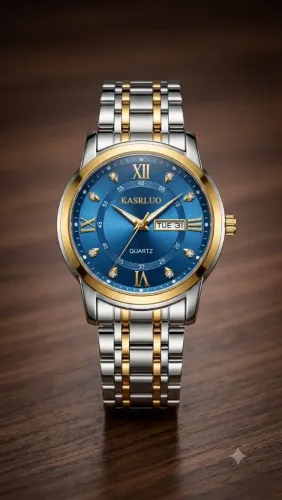 Relogio Inox KASRLUO BLUE Gold Algarismos Romanos, Pulseira Inox c detalhes dourados