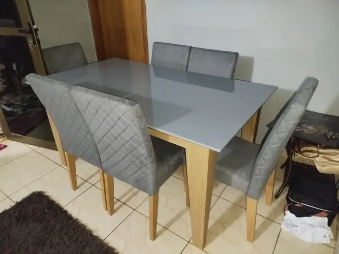 Mesa Nova MDF com Vidro Lacado 6 Cadeiras Entrega Grátis 