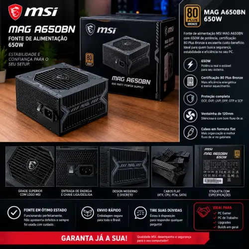 Fonte gamer MSI 650W Plus BRONZE