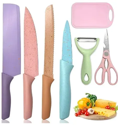 Kit de Conjunto com 7 Peças Facas Coloridas Tesoura Descascador Tábua z762