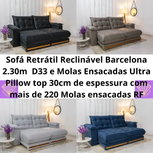 Sofá Retrátil Reclinável Barcelona 2.30m Veludo- D33 e Molas Ensacadas