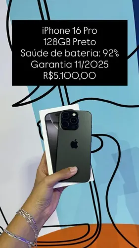 iPhone 16 Pro / 128GB / Preto / Saúde de bateria 92% / Garantia Apple 11/2025 / R$ 5.100,0