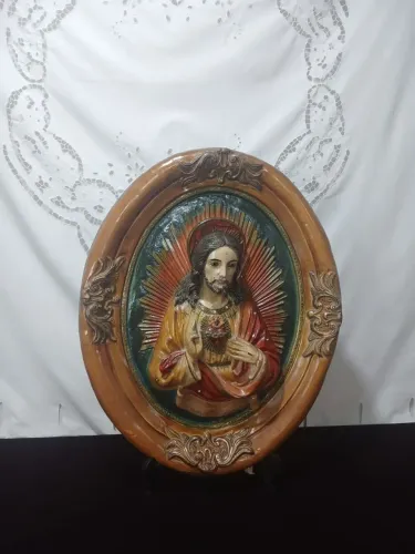Antigo Quadro Sagrado Coração De Jesus De Gesso