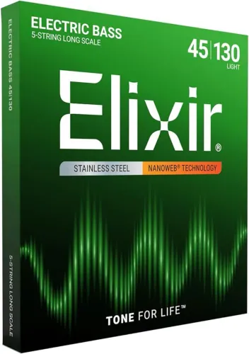 Corda Elixir Nanoweb 045 Aço Inoxidável Medium Long Scale para Baixo 5 Cordas