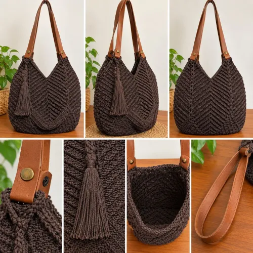 Bolsa crochê em barbante com alças de couro sintético removível