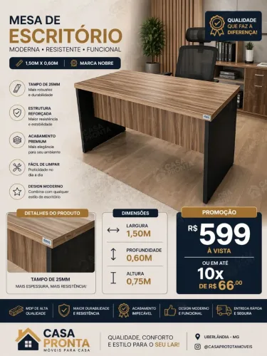 Mesa Escritório Premium 1,50m Tampo 25mm Alta Qualidade