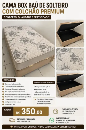 Cama Box Baú de Solteiro + Colchão Premium