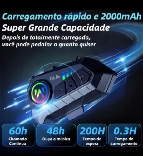 Telefone para Capacete NOVA Y10 com Luz Ambiental, Bluetooth 5.3, Resistente à Água IPX6a