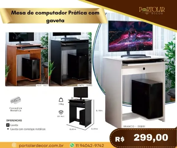 Mesa de computador prática com gaveta, a pronta entrega
