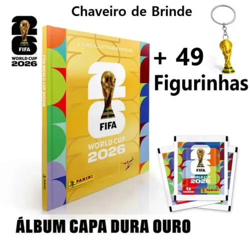 Album Capa Dura Dourado + 49 Figurinhas + Chaveiro