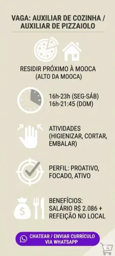 Vaga: Auxiliar de Cozinha / Auxiliar de Pizzaiolo - pj