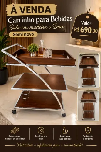 Carrinho para bebidas sala madeira e inox