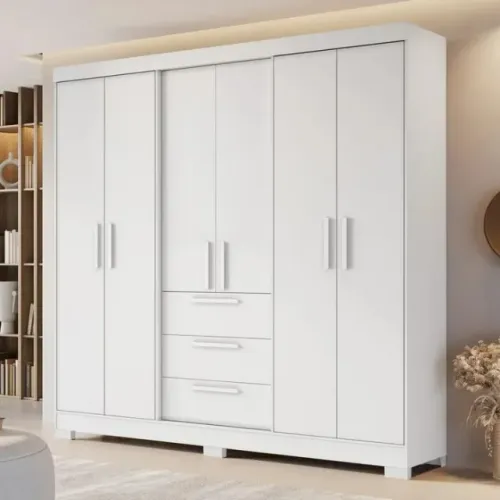 Guarda-Roupa Casal 6 Portas com Espelho 3 Gavetas Branco Elegância e Espaço na M